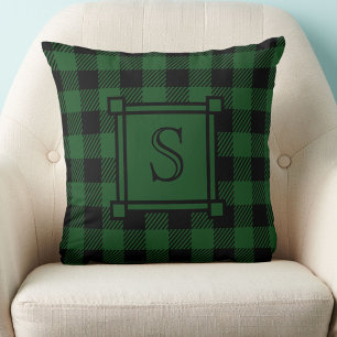 Winter Decor Green Buffalo Plaid Custom Monogram Cushion