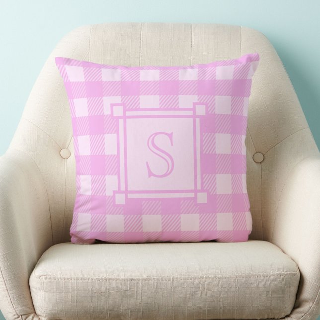 Winter Decor Pink Buffalo Plaid Custom Monogram Cushion (Creator Uploaded)