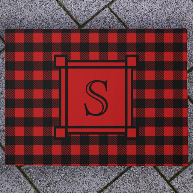 Winter Decor Red Buffalo Plaid Custom Monogram Doormat (Creator Uploaded)