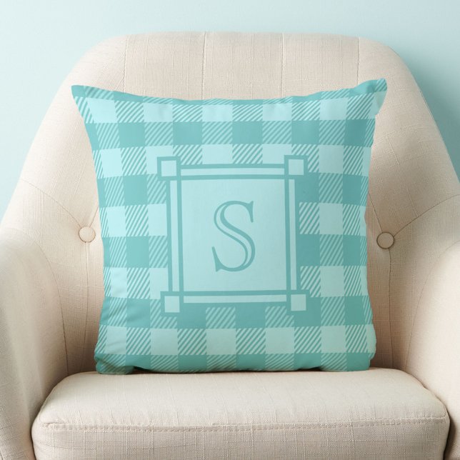 Winter Decor Teal Buffalo Plaid Custom Monogram Cushion (Creator Uploaded)