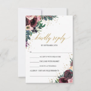 Winter deep red marsala mauve roses gold geometric RSVP card