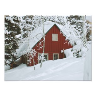 Winter Deep Snow Red House in the Woods Photo Print
