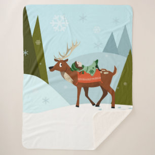 Winter deer and elf in snow Christmas tale fun art Sherpa Blanket
