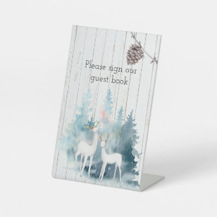 Winter Deer and Foliage on Wood Wedding   Pedestal Sign