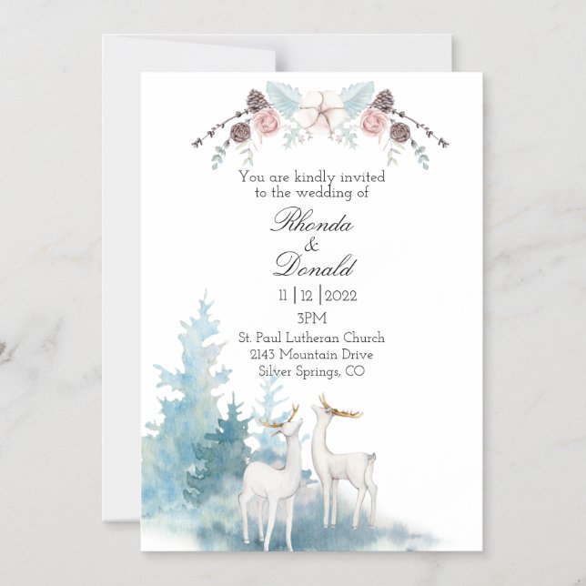 Winter Deer and Foliage Watercolor Wedding Magnetic Invitation (Front)