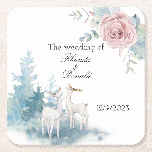 Winter Deer and Foliage Watercolor Wedding  Square Paper Coaster (Front)