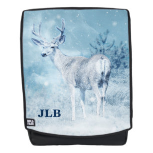 Winter Deer and Pine Trees Monogram Backpack