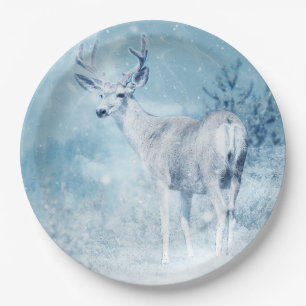 Winter Deer and Pine Trees Paper Plate