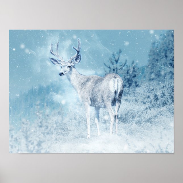 Winter Deer and Pine Trees Poster (Front)