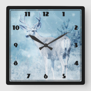 Winter Deer and Pine Trees Square Wall Clock