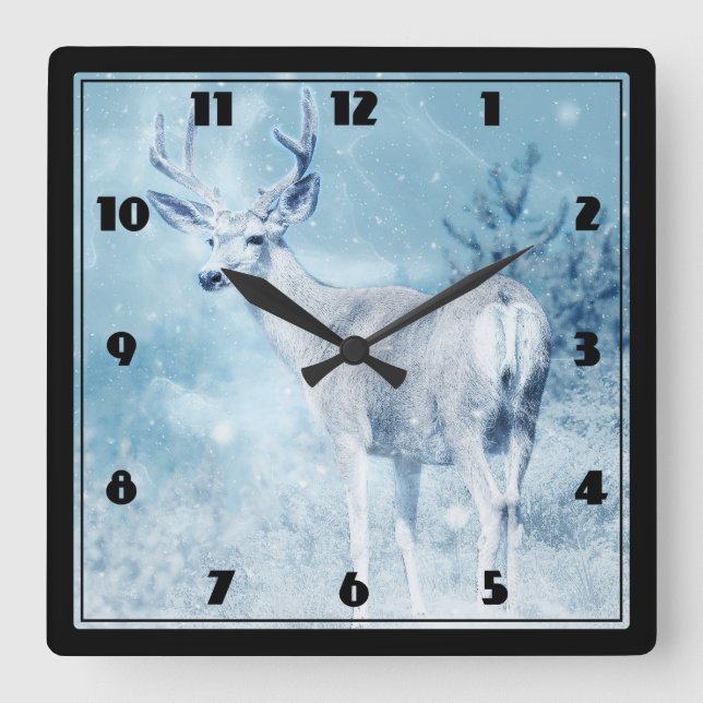 Winter Deer and Pine Trees Square Wall Clock (Front)