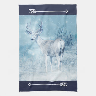Winter Deer and Pine Trees Tea Towel
