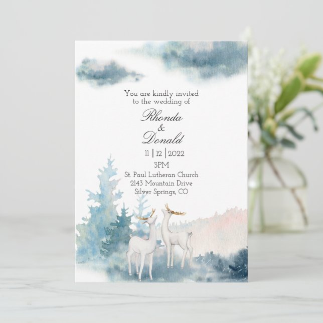 Winter Deer and Trees Watercolor Wedding  Invitation (Standing Front)