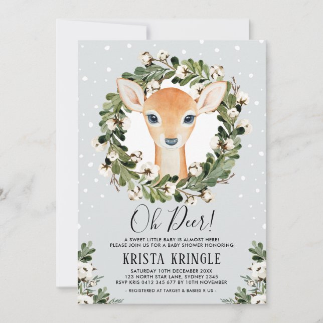 Winter Deer Baby Shower Greenery Wreath Snowflakes Invitation (Front)