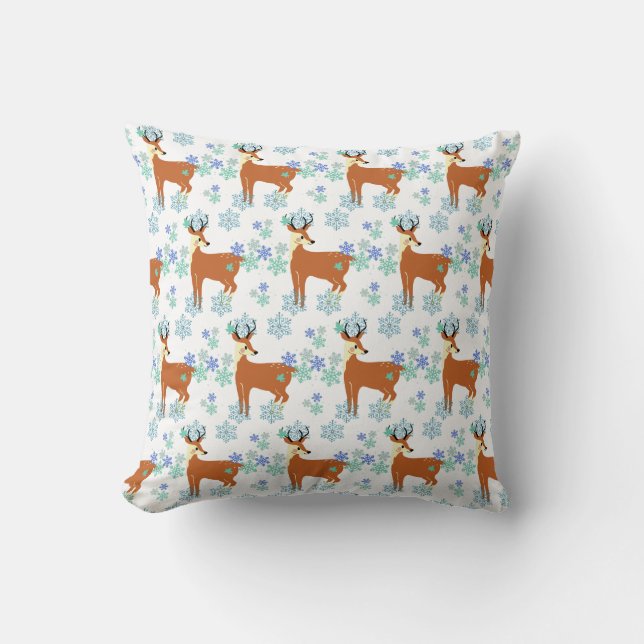 Winter Deer & blue snowflakes pattern on white Cushion (Front)