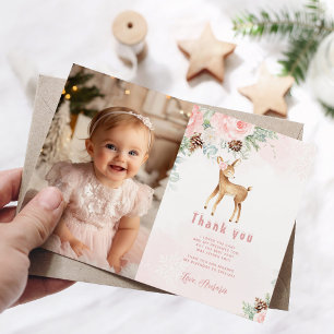 Winter Deer blush pink photo thank you card
