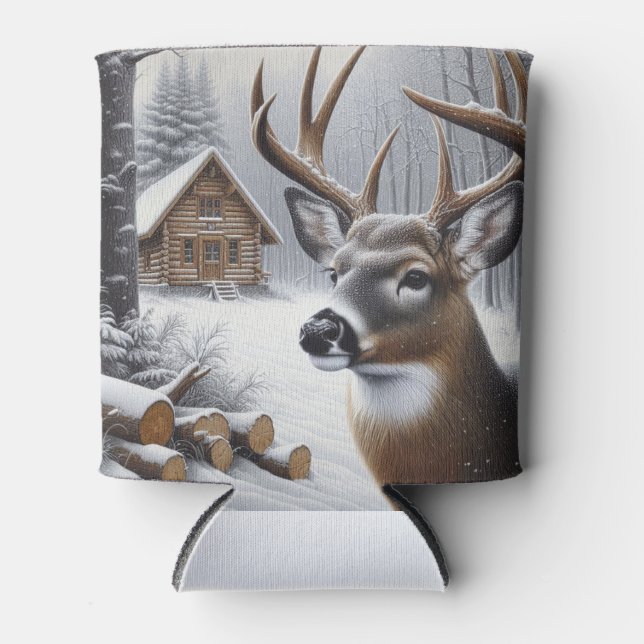Winter deer/Buck art Can Cooler (Front)