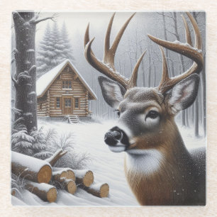 Winter deer/Buck art Glass Coaster