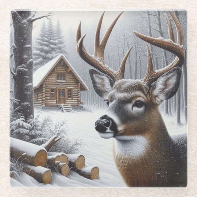 Winter deer/Buck art Glass Coaster (Front)