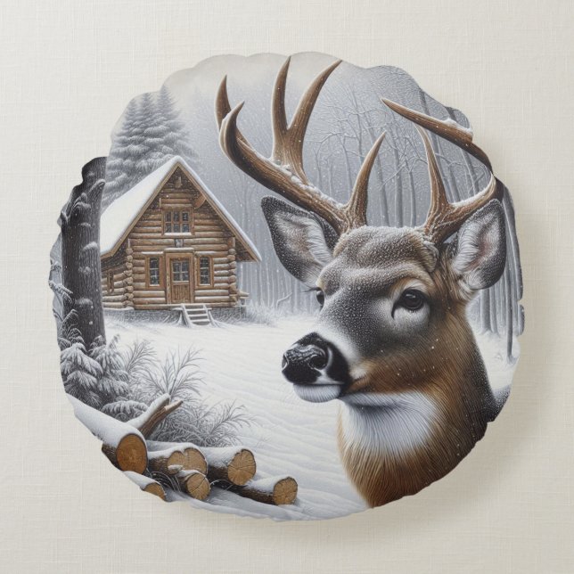 Winter deer/Buck art Round Cushion (Front)