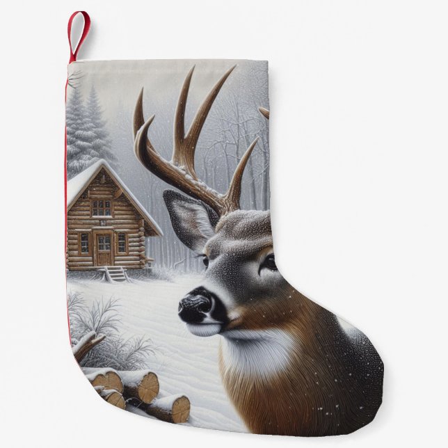 Winter deer/Buck art Small Christmas Stocking (Front)