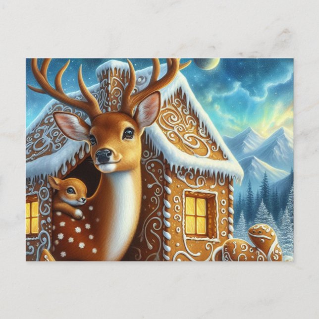  Winter Deer Family in Gingerbread House Postcard (Front)
