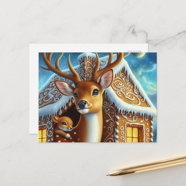  Winter Deer Family in Gingerbread House Postcard (Front/Back In Situ)