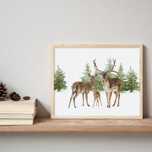 Winter Deer Family in Snow Poster