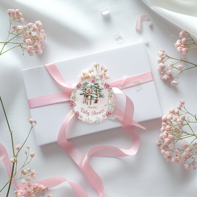 Winter Deer Floral Baby Girl Shower  Classic Round Sticker (Creator Uploaded)