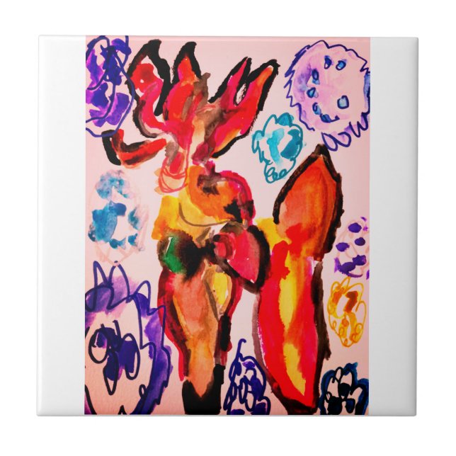 Winter deer fun ceramic tile (Front)