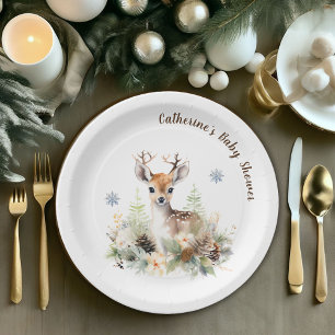 Winter Deer Gender Neutral Baby Shower Paper Plate