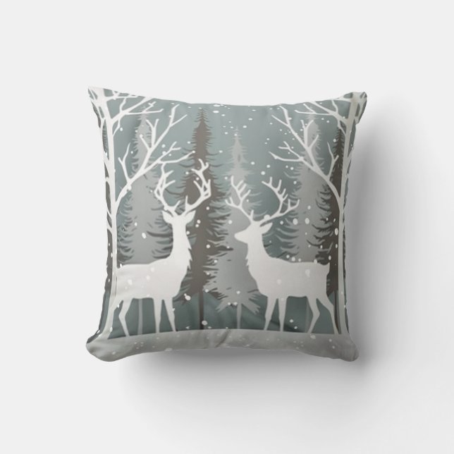 Winter Deer Grey Blue Forest Design Cushion (Front)