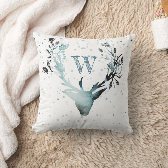 Winter Deer head Silver Blue Monogram Christmas Cushion (Blanket)