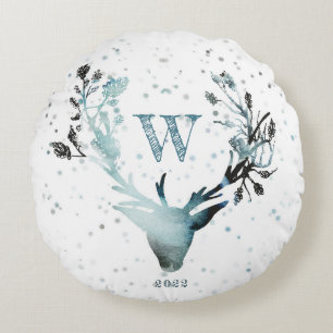 Winter Deer head Silver Blue Monogram Christmas  Round Cushion