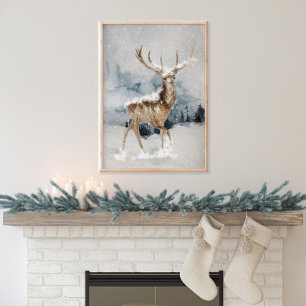 Winter Deer in snow Poster