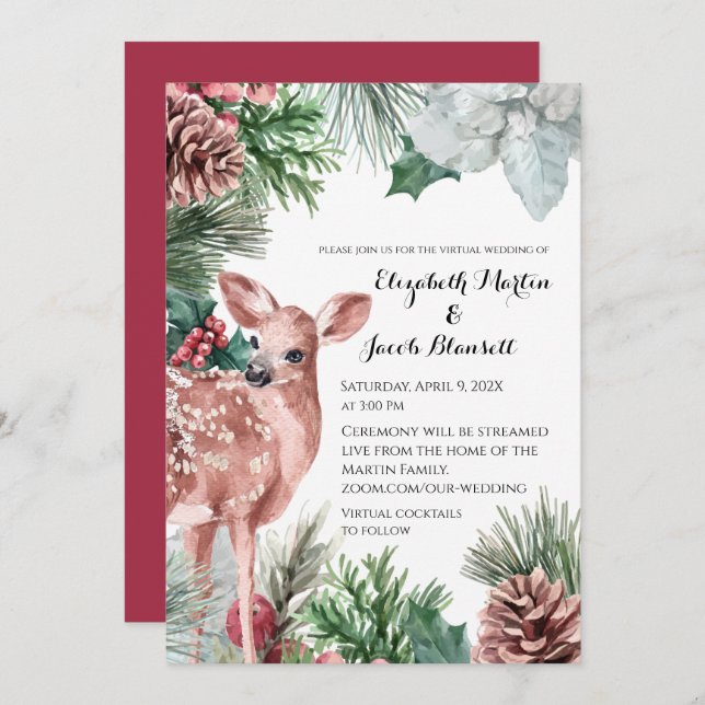 Winter Deer, Pinecones, and Holly Virtual Wedding Invitation (Front/Back)