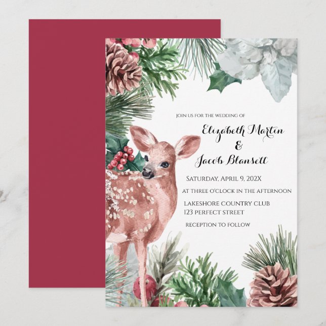 Winter Deer, Pinecones, and Holly Wedding Invitation (Front/Back)