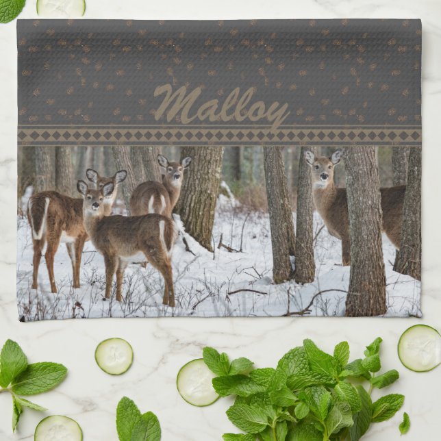 Winter Deer & Pinecones Tea Towel (Folded)