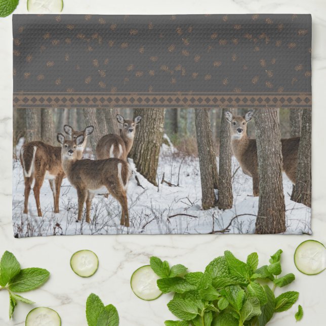 Winter Deer & Pinecones Tea Towel (Folded)