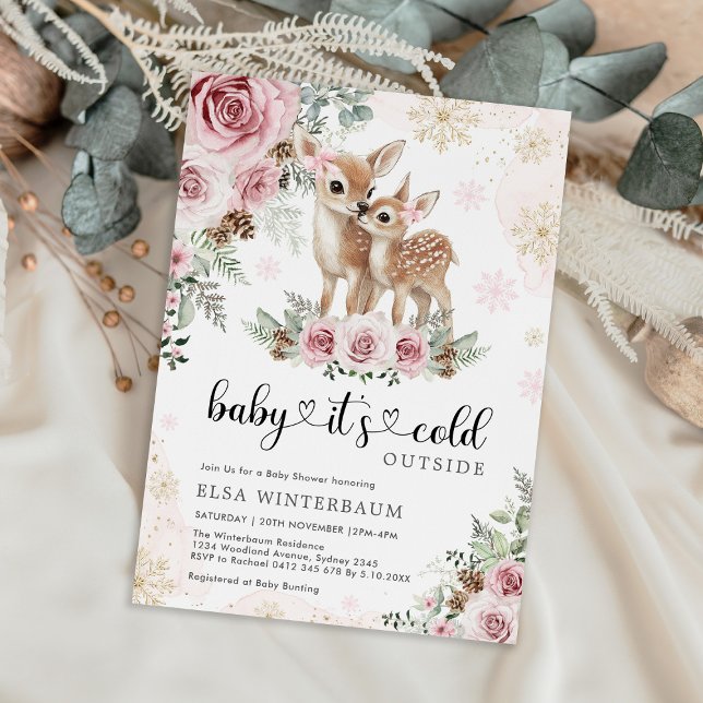 Winter Deer Pink Gold Roses Girl Baby Shower Invitation (Creator Uploaded)
