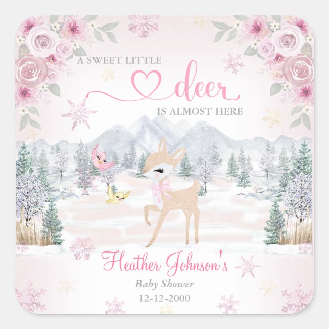 Winter Deer Pink Snowflake Baby Shower  Square Sticker (Front)