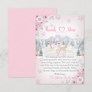 Winter Deer Pink Snowflake Baby Shower Thank You Card