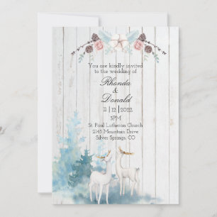 Winter Deer Watercolor on Wood Wedding Invitation