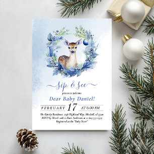 Winter Deer Watercolor Sip and See Invitation