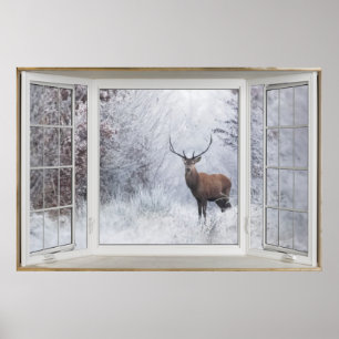 Winter Deer White Bay Window Illusion Poster