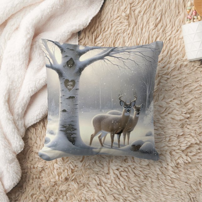 Winter Deer With Birch Tree Heart and Names Cushion (Blanket)