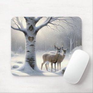 Winter Deer With Birch Tree Heart Mouse Pad