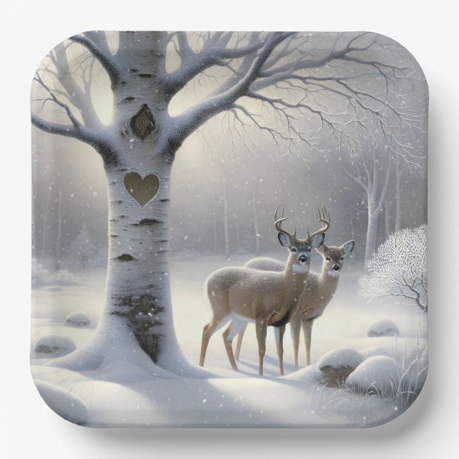 Winter Deer With Heart On Birch Tree Paper Plate (Front)