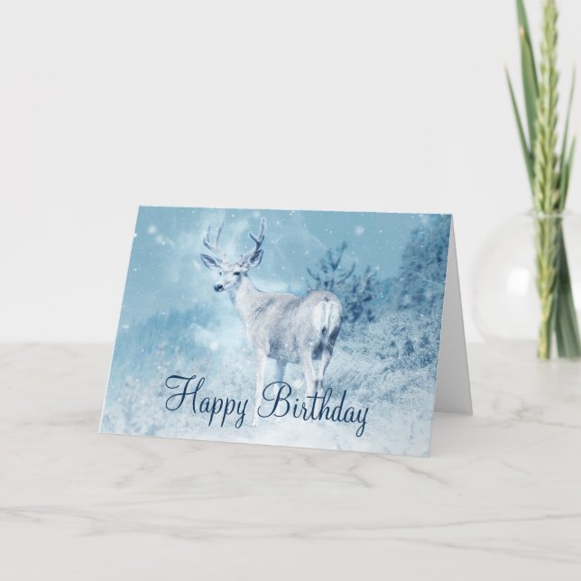 Winter Deer with Pine Trees Happy Birthday Card (Front)
