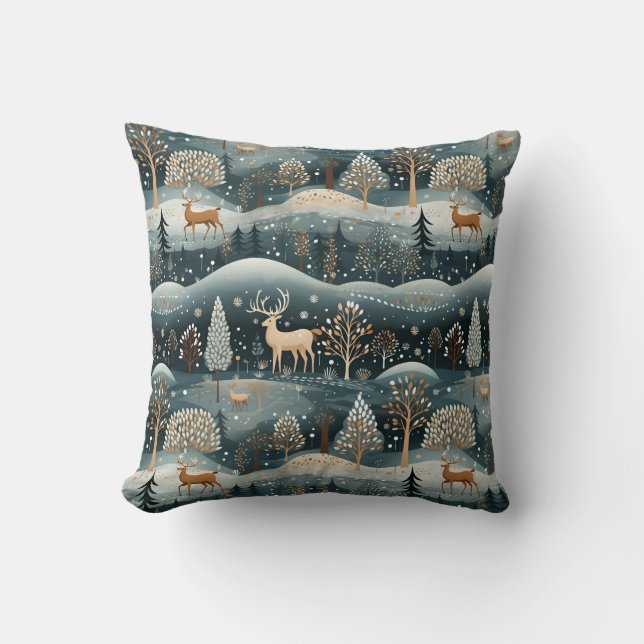 Winter Deer Wonderland Throw Pillow (Front)